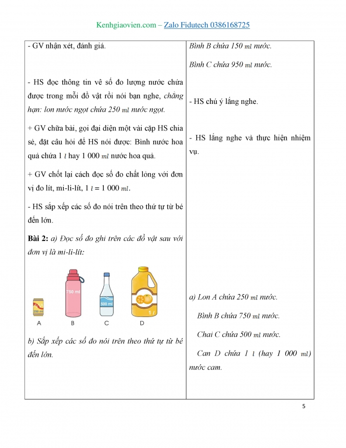 Giáo án và PPT Toán 3 cánh diều bài Mi-li-lít