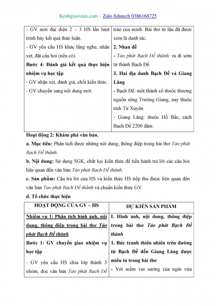 Giáo án và PPT Ngữ văn 11 chân trời Bài 6: Tảo phát Bạch Đế thành (Lý Bạch)