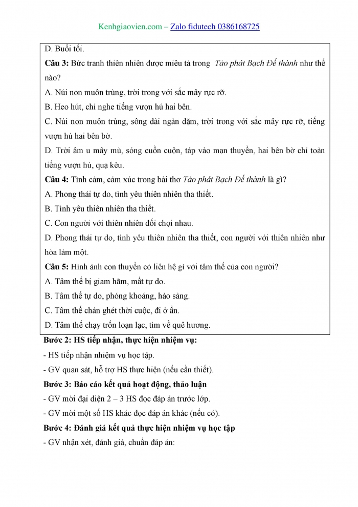 Giáo án và PPT Ngữ văn 11 chân trời Bài 6: Tảo phát Bạch Đế thành (Lý Bạch)