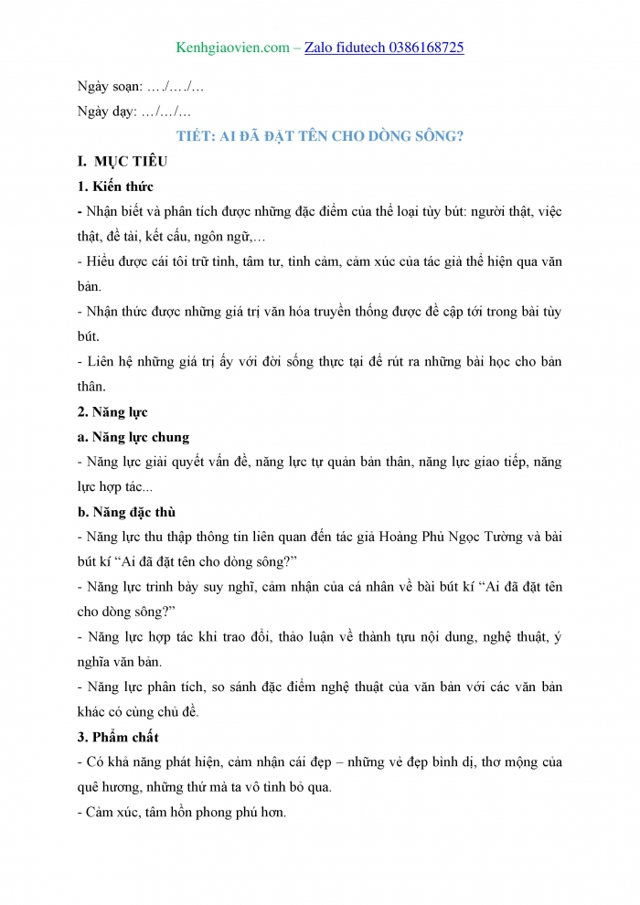 Giáo án và PPT Ngữ văn 11 cánh diều Bài 7: Ai đã đặt tên cho dòng sông? (Hoàng Phủ Ngọc Tường)