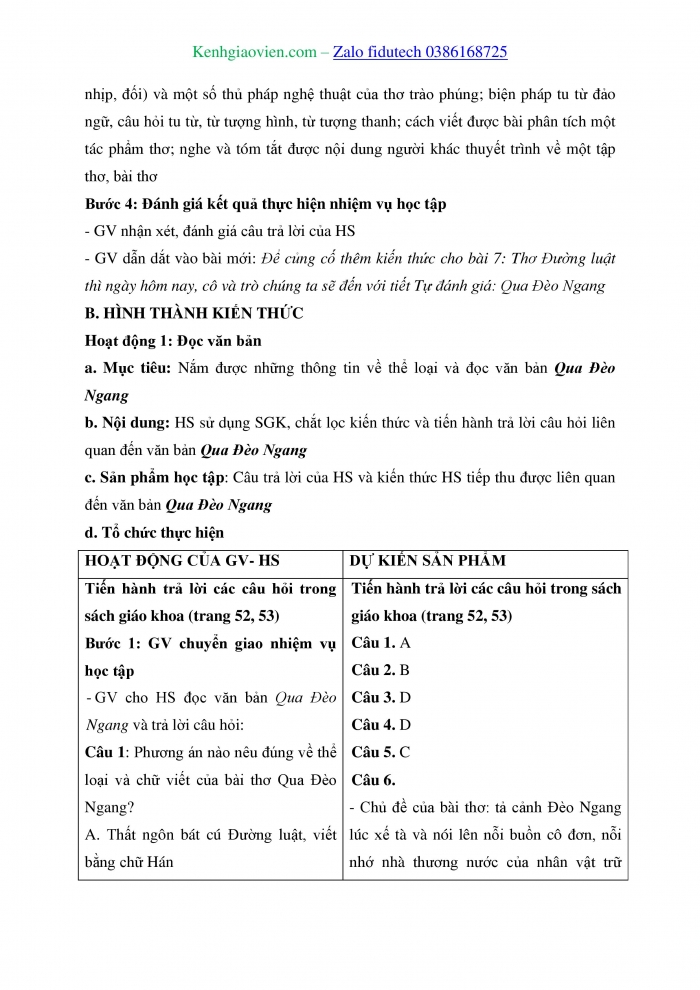 Giáo án và PPT Ngữ văn 8 cánh diều Bài 7: Qua Đèo Ngang (Bà Huyện Thanh Quan)