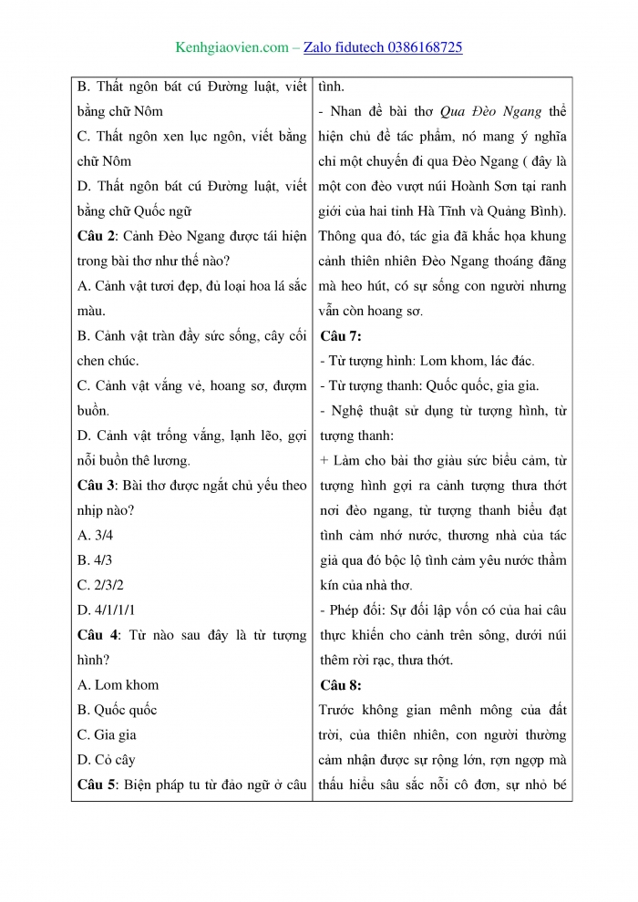 Giáo án và PPT Ngữ văn 8 cánh diều Bài 7: Qua Đèo Ngang (Bà Huyện Thanh Quan)