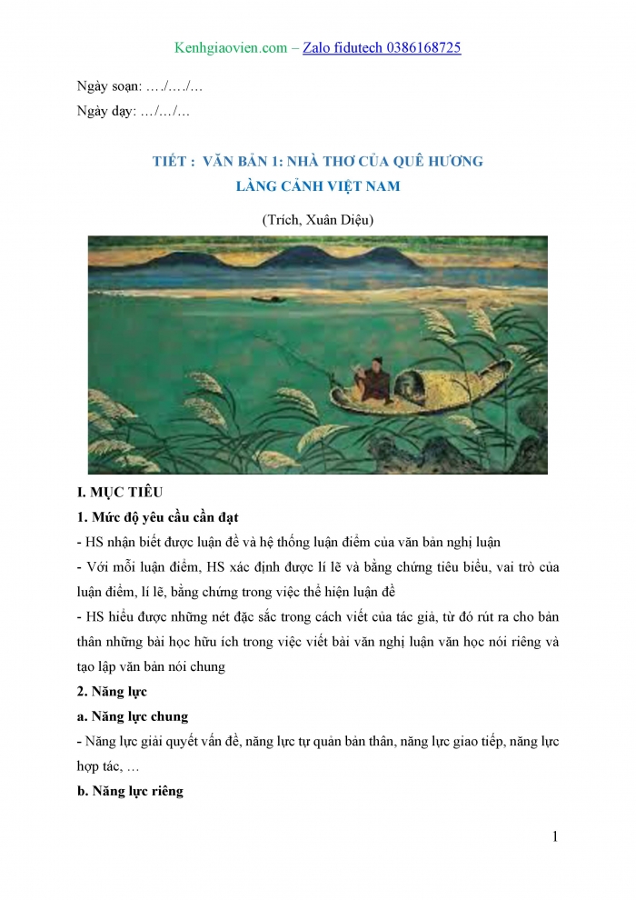 Giáo án và PPT Ngữ văn 8 kết nối Bài 8: Nhà thơ của quê hương làng cảnh Việt Nam (trích, Xuân Diệu)