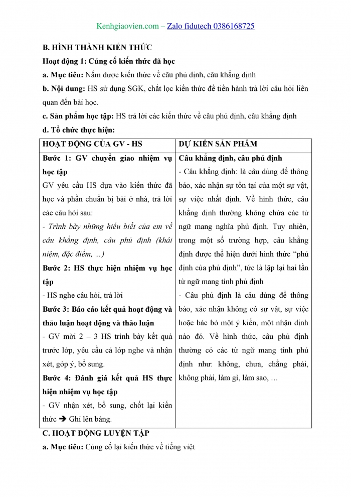 Giáo án và PPT Ngữ văn 8 cánh diều Bài 8: Câu khẳng định và câu phủ định