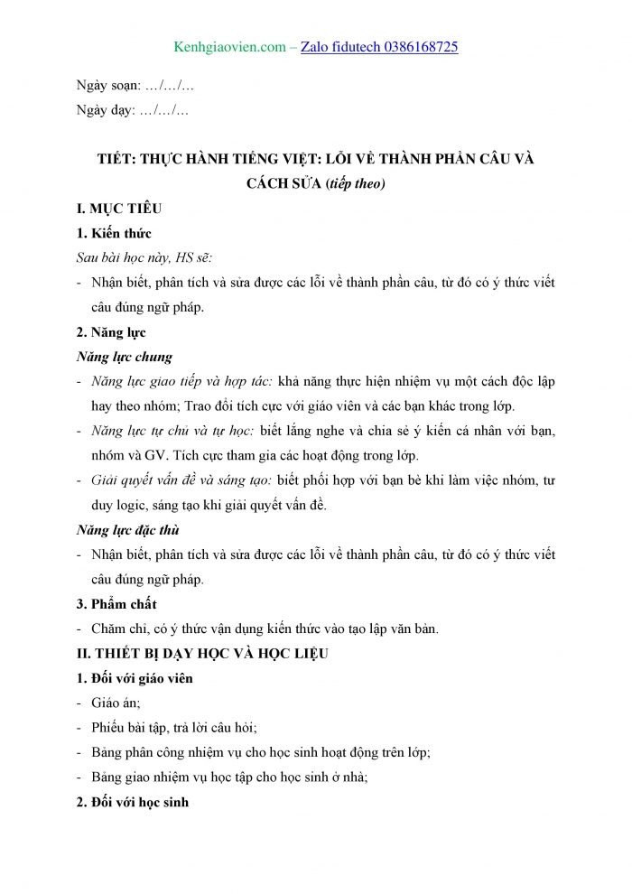 Giáo án và PPT Ngữ văn 11 cánh diều Bài 9: Lỗi về thành phần câu và cách sửa (Tiếp theo)