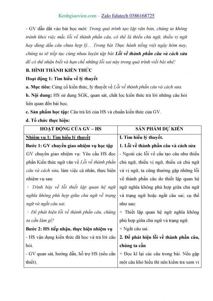 Giáo án và PPT Ngữ văn 11 cánh diều Bài 9: Lỗi về thành phần câu và cách sửa (Tiếp theo)