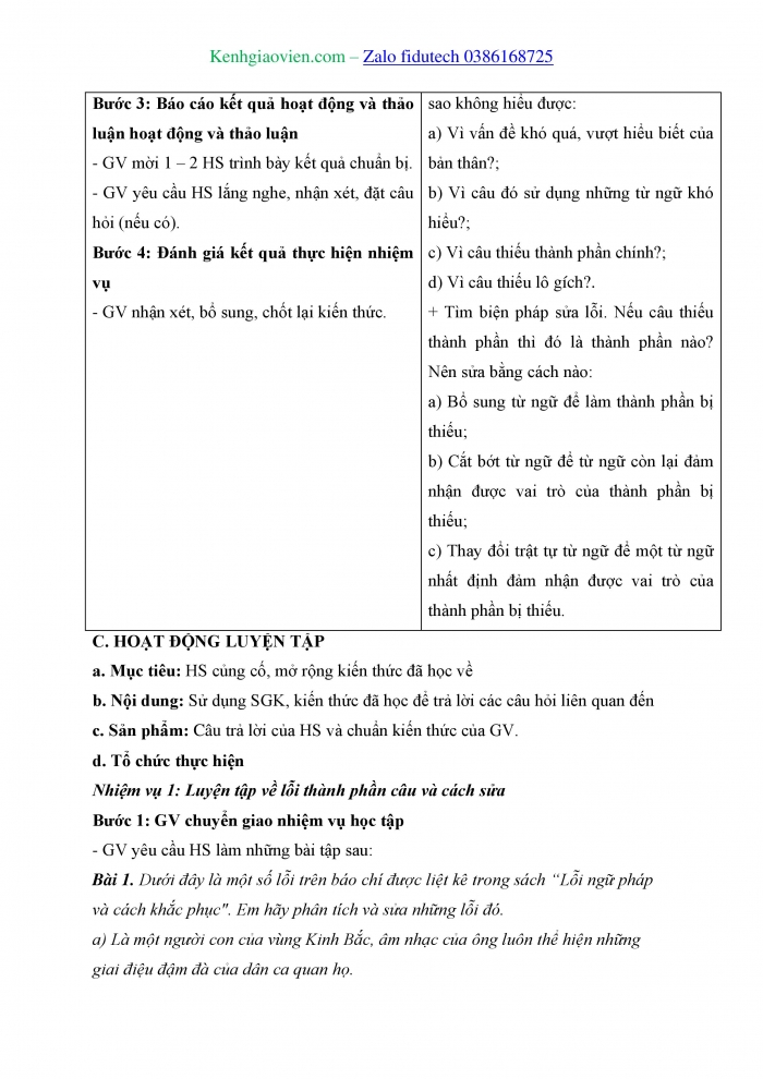 Giáo án và PPT Ngữ văn 11 cánh diều Bài 9: Lỗi về thành phần câu và cách sửa (Tiếp theo)