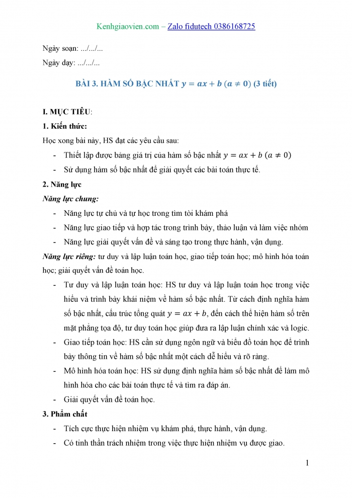 Giáo án và PPT Toán 8 cánh diều Bài 3: Hàm số bậc nhất y = ax + b (a ≠ 0)