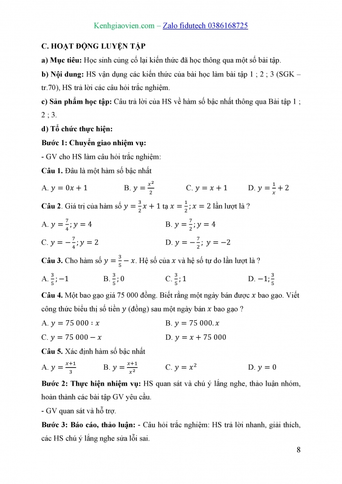 Giáo án và PPT Toán 8 cánh diều Bài 3: Hàm số bậc nhất y = ax + b (a ≠ 0)