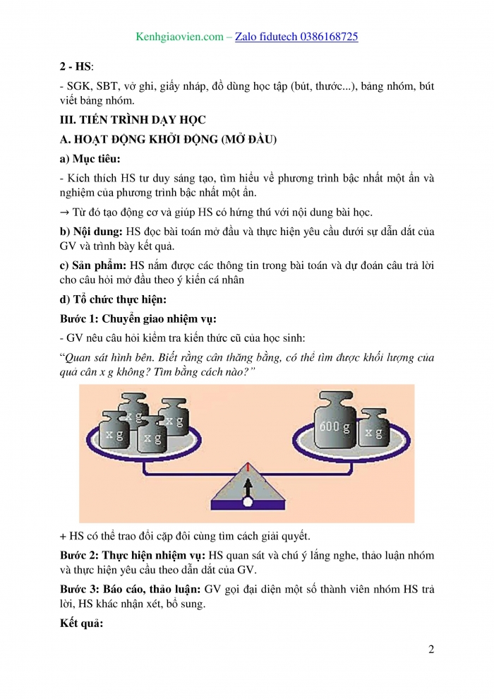 Giáo án và PPT Toán 8 chân trời Bài 1: Phương trình bậc nhất một ẩn