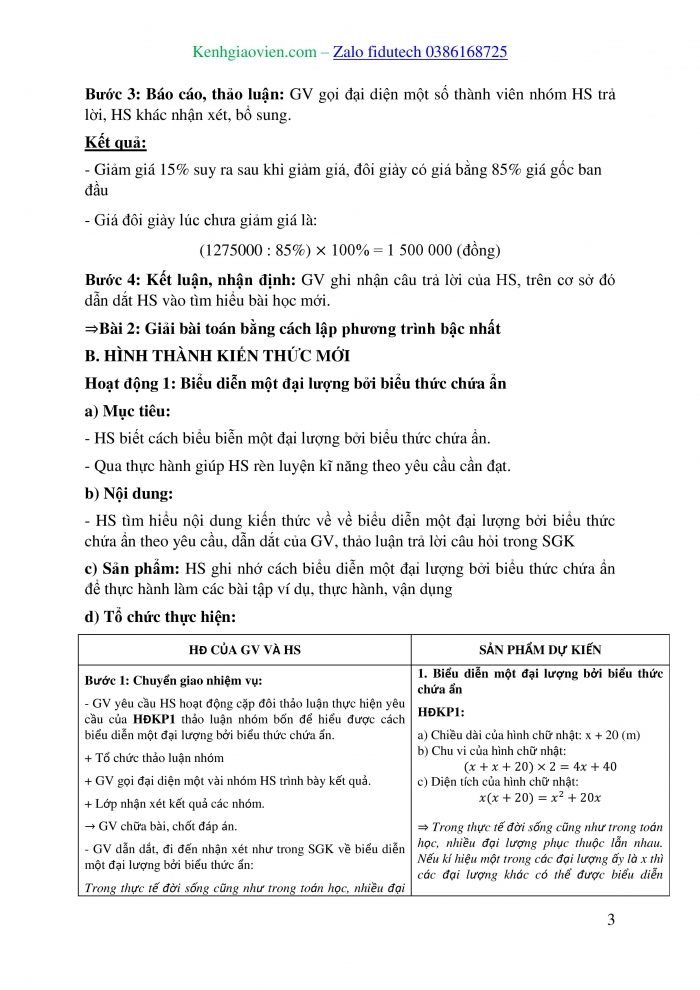 Giáo án và PPT Toán 8 chân trời Bài 2: Giải bài toán bằng cách lập phương trình bậc nhất