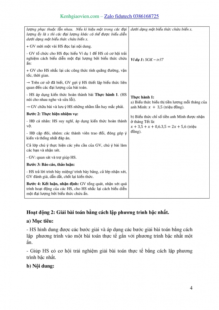 Giáo án và PPT Toán 8 chân trời Bài 2: Giải bài toán bằng cách lập phương trình bậc nhất