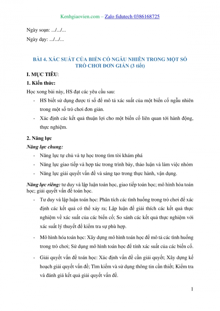 Giáo án và PPT Toán 8 cánh diều Bài 4: Xác suất của biến cố ngẫu nhiên trong một số trò chơi đơn giản