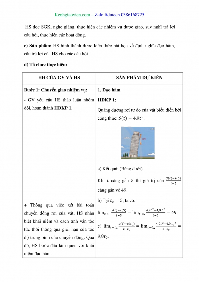 Giáo án và PPT Toán 11 chân trời Bài 1: Đạo hàm