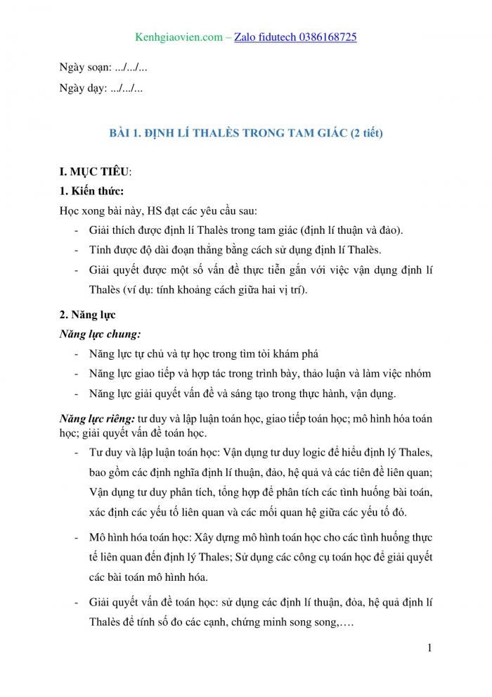 Giáo án và PPT Toán 8 cánh diều Bài 1: Định lí Thalès trong tam giác