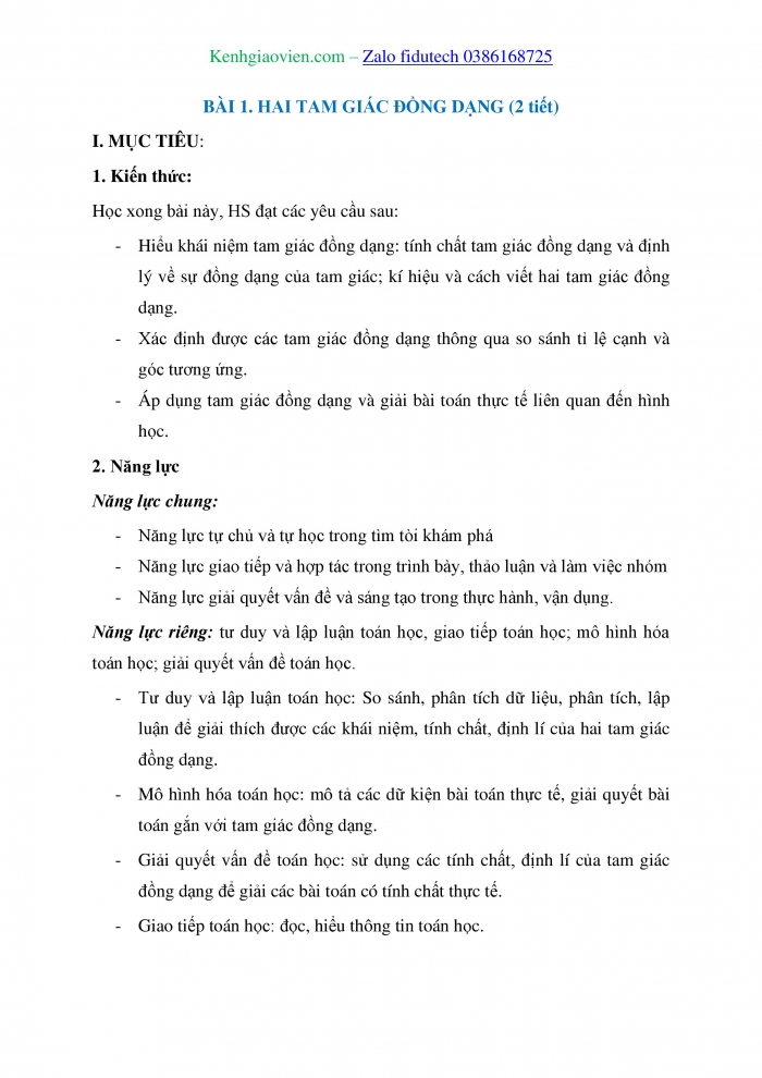 Giáo án và PPT Toán 8 chân trời Bài 1: Hai tam giác đồng dạng