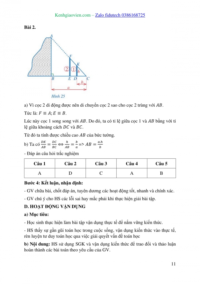 Giáo án và PPT Toán 8 cánh diều Bài 2: Ứng dụng của định lí Thalès trong tam giác