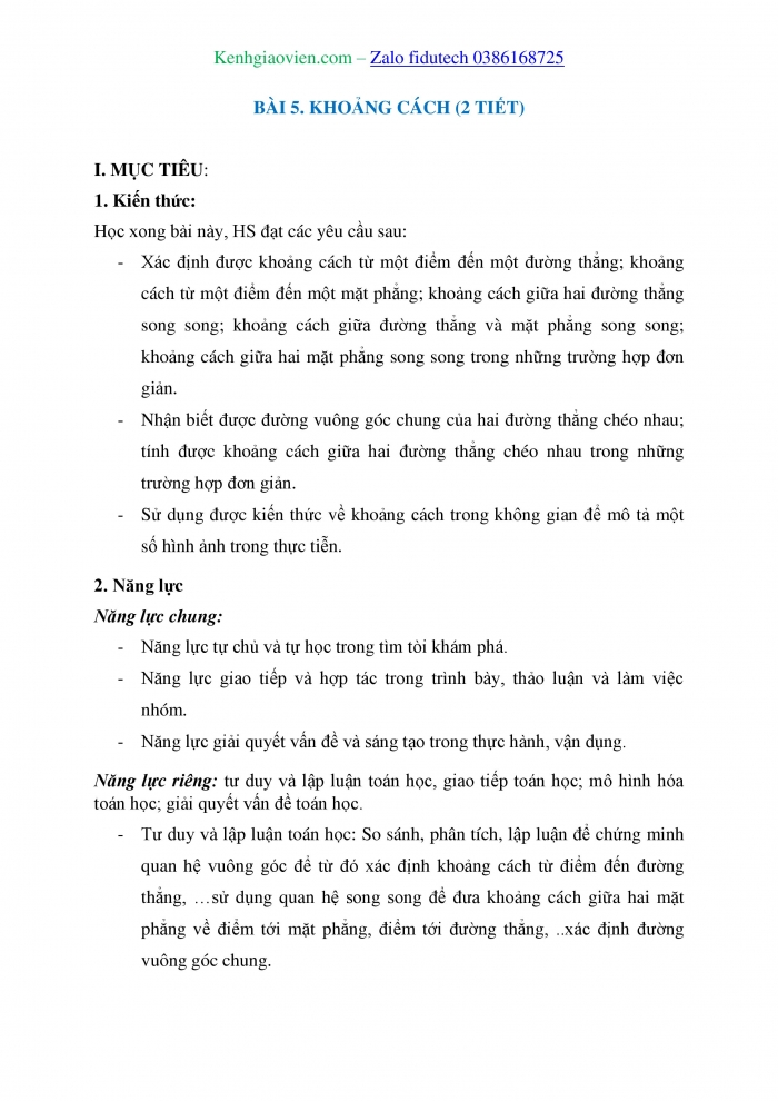 Giáo án và PPT Toán 11 cánh diều Bài 5: Khoảng cách