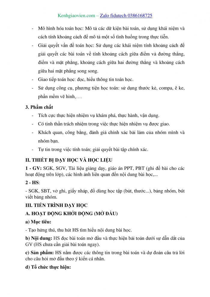 Giáo án và PPT Toán 11 cánh diều Bài 5: Khoảng cách