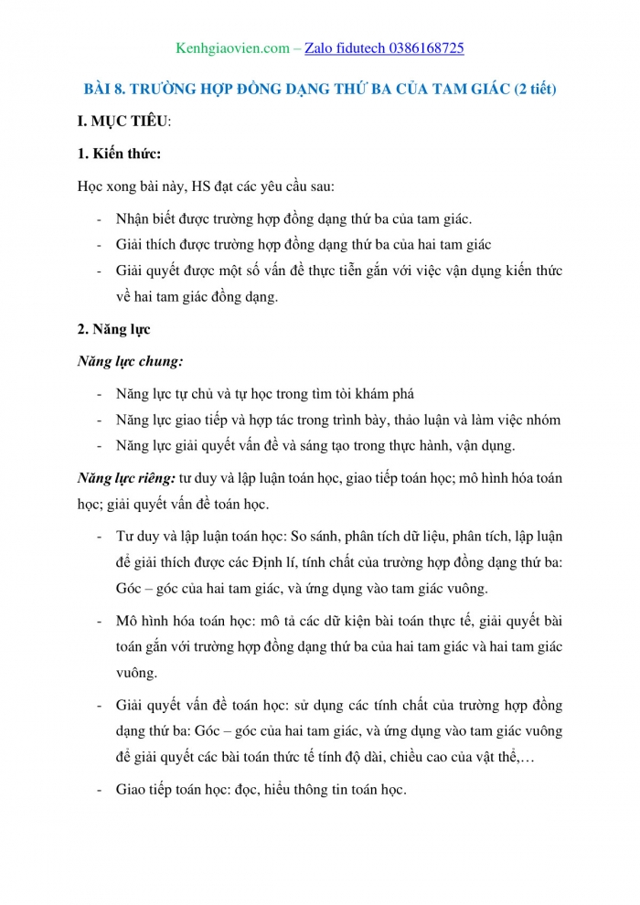 Giáo án và PPT Toán 8 cánh diều Bài 8: Trường hợp đồng dạng thứ ba của tam giác