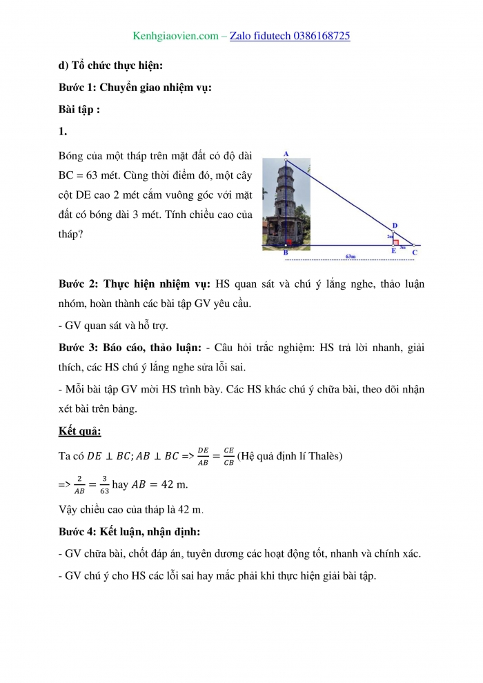 Giáo án và PPT Toán 8 chân trời Hoạt động 6: Ứng dụng định lí Thalès để ước lượng tỉ lệ giữa chiều ngang và chiều dọc của một vật