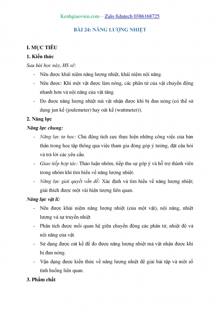 Giáo án và PPT KHTN 8 cánh diều Bài 24: Năng lượng nhiệt