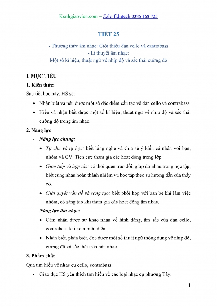 Giáo án và PPT Âm nhạc 7 kết nối Tiết 25: Thường thức âm nhạc Giới thiệu đàn cello và contrabass, Lí thuyết âm nhạc Một số kí hiệu, thuật ngữ về nhịp độ và sắc thái cường độ