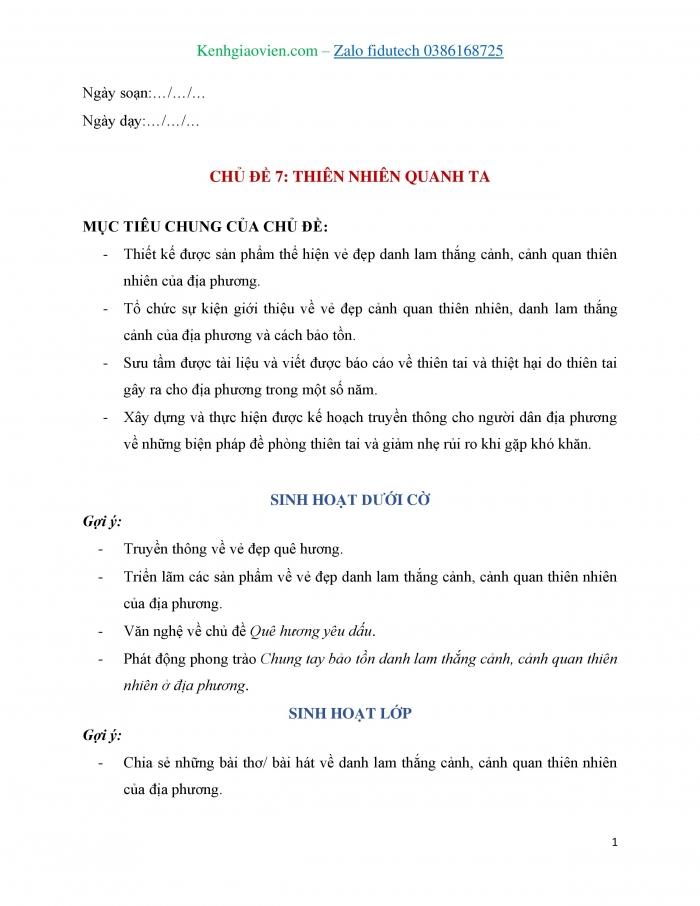 Giáo án và PPT Hoạt động trải nghiệm 8 cánh diều Chủ đề 7 Thiên nhiên quanh ta - Nét đẹp quê hương