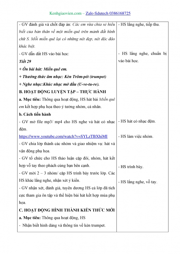 Giáo án và PPT Âm nhạc 4 kết nối Tiết 29: Ôn bài hát Miền quê em, Thường thức âm nhạc Kèn trôm-pét (trumpet), Nghe nhạc Khúc nhạc mở đầu (U-ve-tu-re)