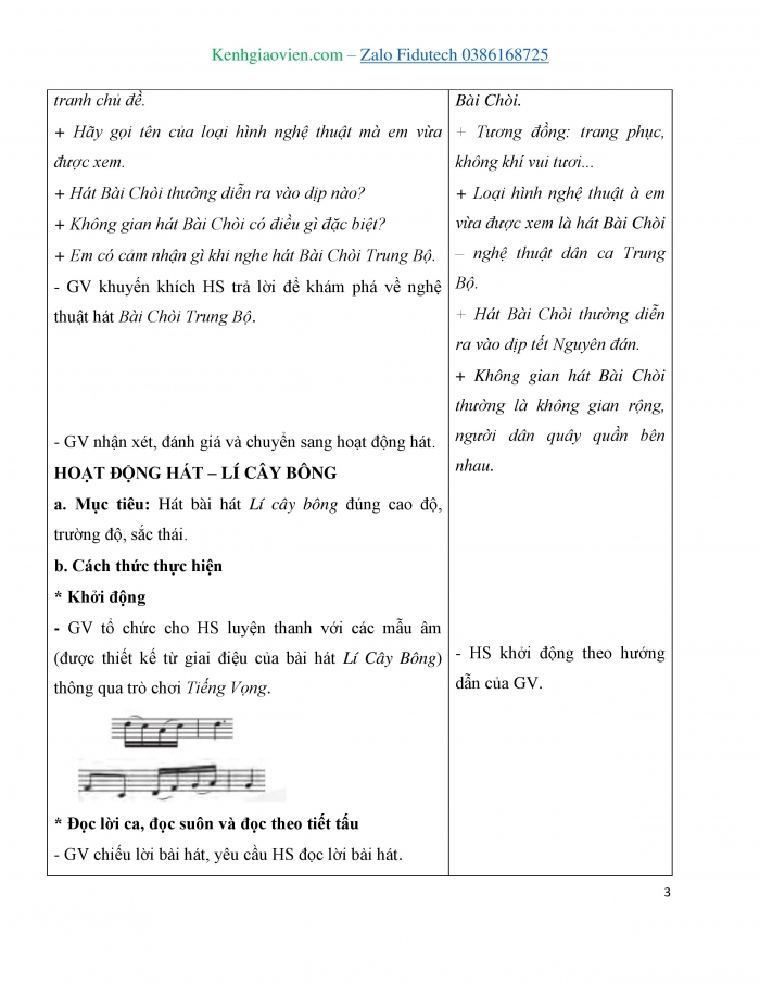 Giáo án và PPT Âm nhạc 3 chân trời Tiết 1: Khám phá nghệ thuật hát Bài Chòi Trung Bộ, Học hát Lí cây bông