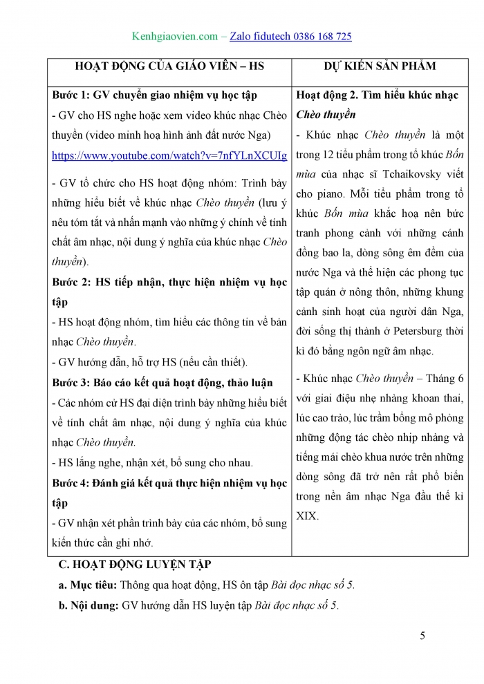 Giáo án và PPT Âm nhạc 7 kết nối Tiết 30: Thường thức âm nhạc Nhạc sĩ Pyotr Ilyich Tchaikovsky và khúc nhạc Chèo thuyền, Ôn tập Bài đọc nhạc số 5