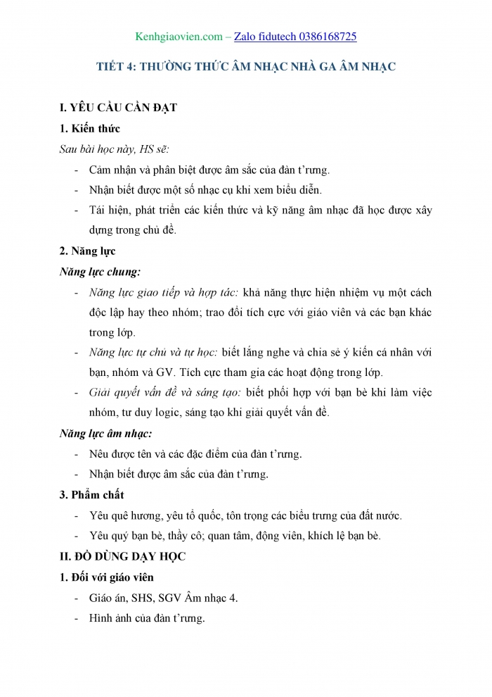 Giáo án và PPT Âm nhạc 4 chân trời Tiết 4: Thường thức âm nhạc Giới thiệu nhạc cụ Việt Nam, Nhà ga âm nhạc