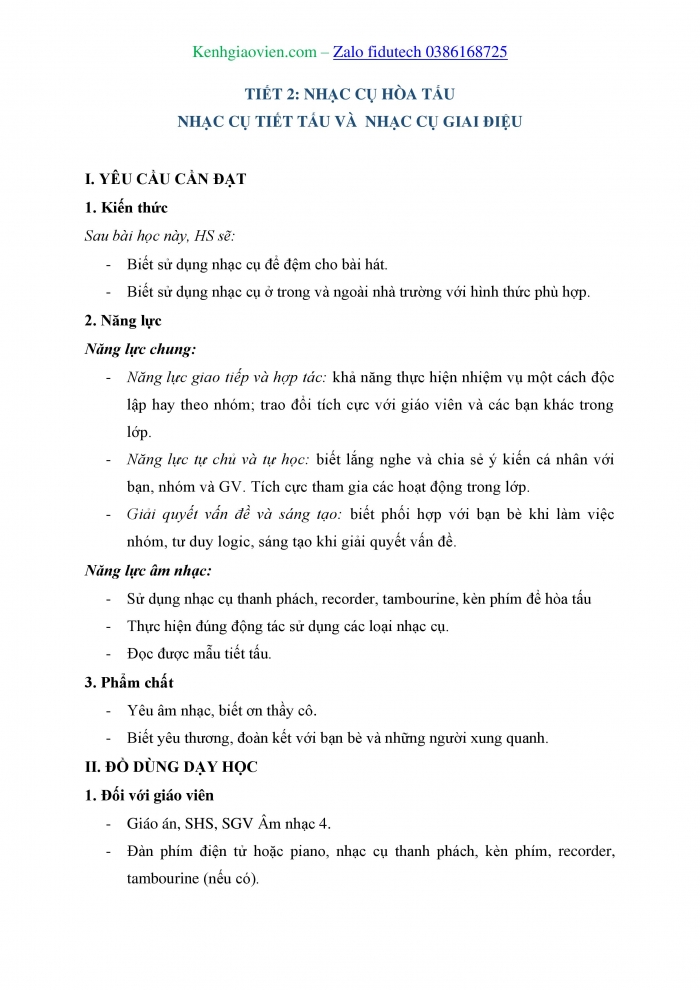 Giáo án và PPT Âm nhạc 4 chân trời Tiết 2: Hoà tấu nhạc cụ tiết tấu và nhạc cụ giai điệu
