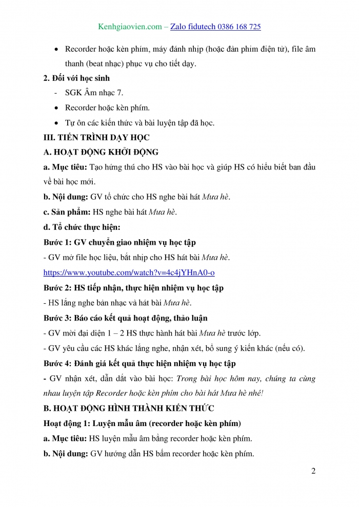 Giáo án và PPT Âm nhạc 7 kết nối Tiết 33: Nhạc cụ Recorder hoặc kèn phím, Ôn tập Bài hát Mưa hè