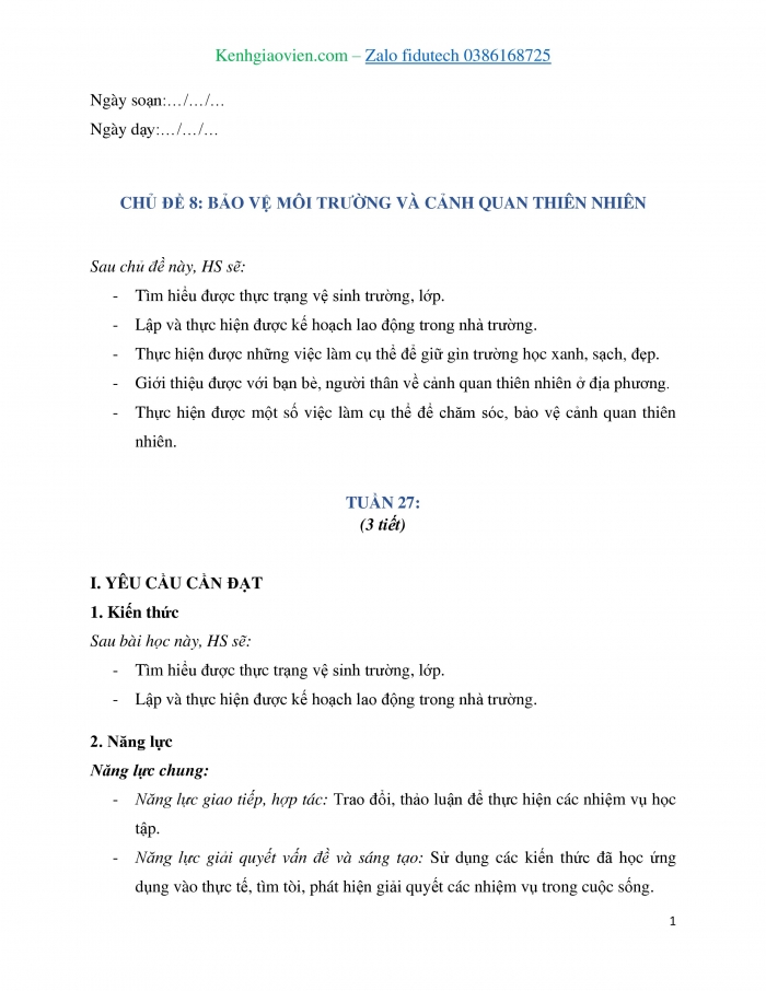 Giáo án và PPT Hoạt động trải nghiệm 4 chân trời bản 2 Chủ đề 8: Bảo vệ môi trường và cảnh quan thiên nhiên - Tuần 27