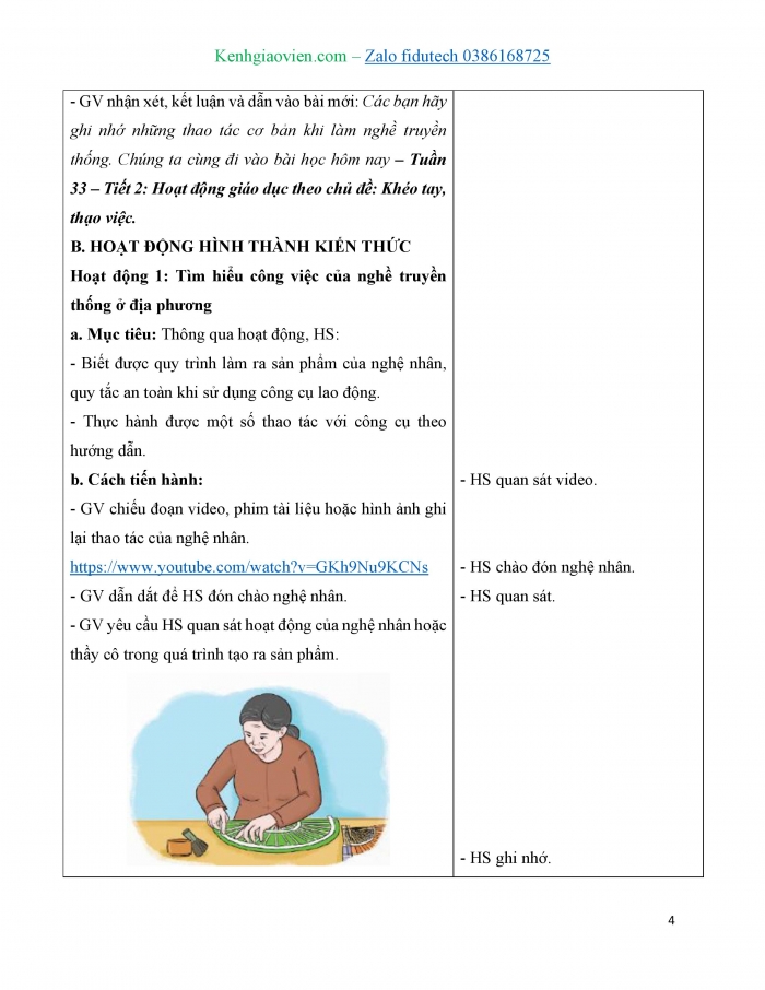 Giáo án và PPT Hoạt động trải nghiệm 4 kết nối Chủ đề Trải nghiệm nghề truyền thống - Tuần 33