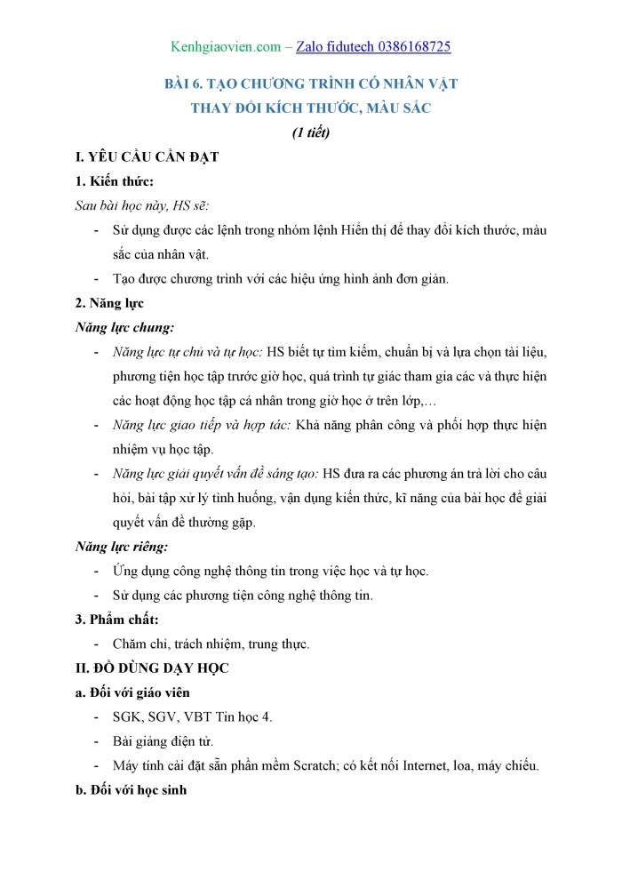 Giáo án và PPT Tin học 4 cánh diều Bài 6: Tạo chương trình có nhân vật thay đổi kích thước, màu sắc