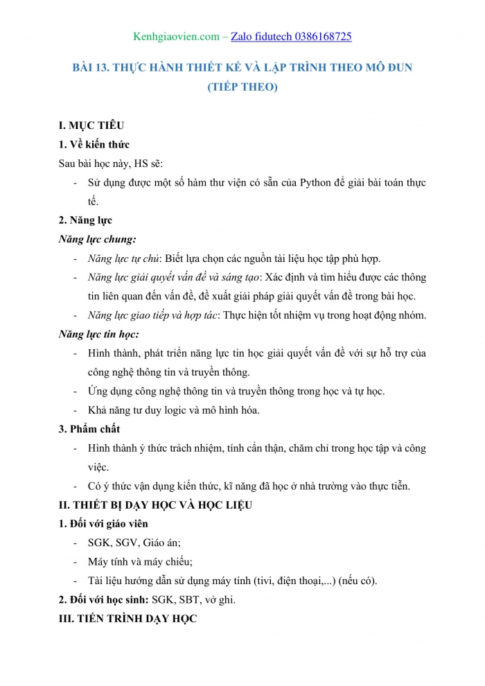 Giáo án và PPT Khoa học máy tính 11 cánh diều Bài 13: Thực hành thiết kế và lập trình theo mô đun (tiếp theo)