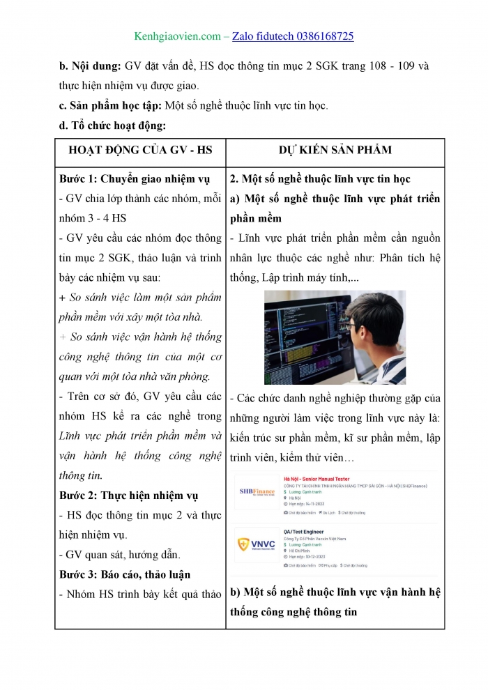 Giáo án và PPT Tin học 8 cánh diều Chủ đề G Bài 2: Tin học và các ngành nghề