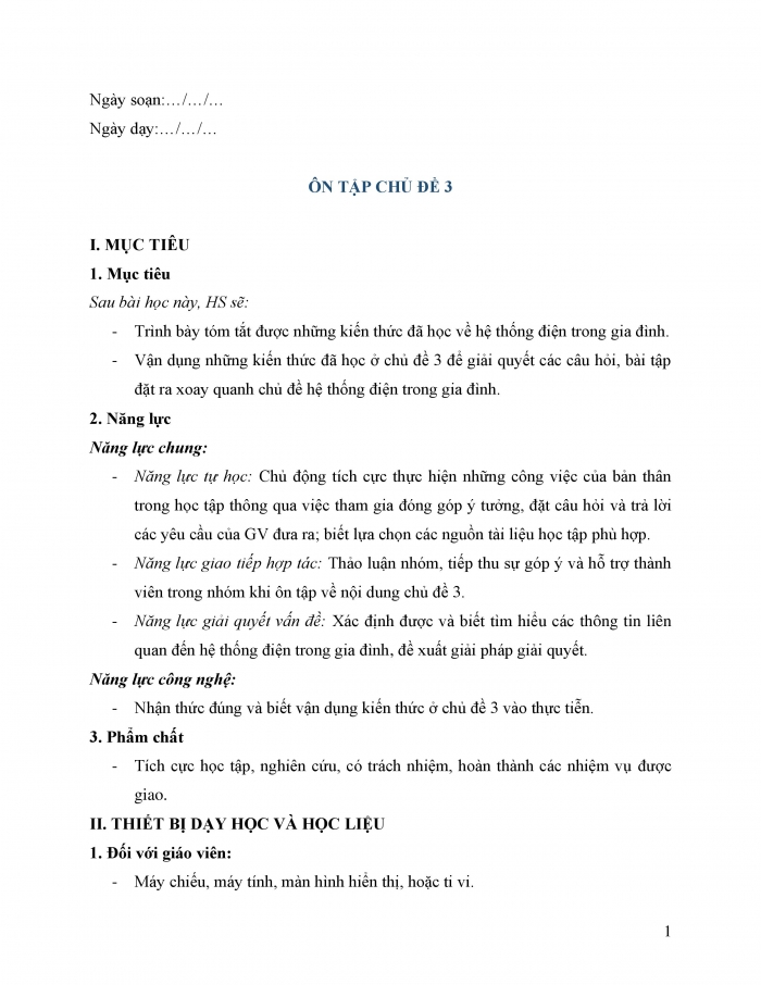 Giáo án và PPT công nghệ 12 điện - điện tử Cánh diều bài Ôn tập chủ đề 3