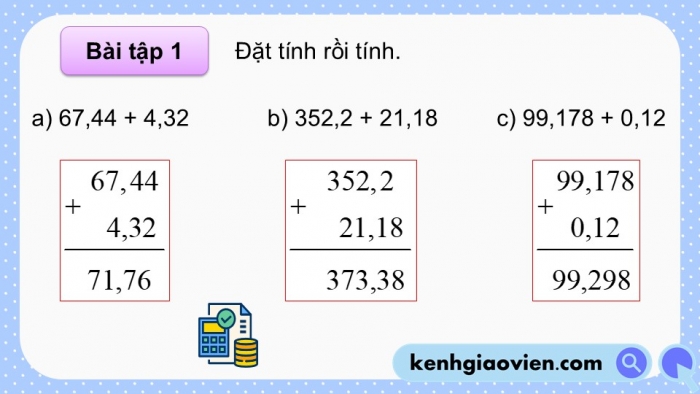 Giáo án PPT dạy thêm Toán 5 Chân trời bài 28: Cộng hai số thập phân