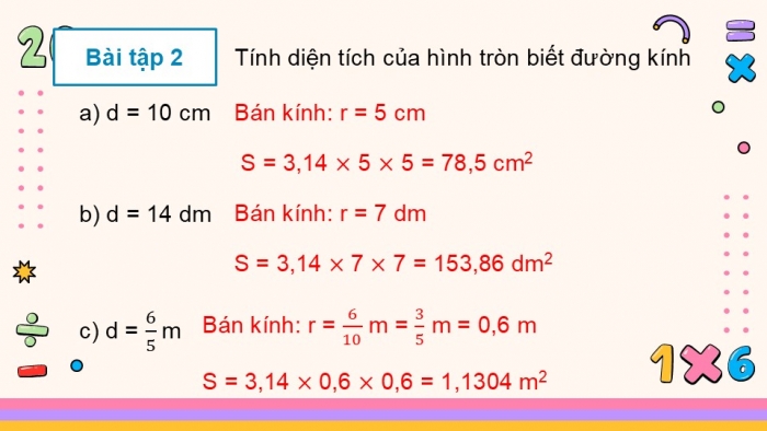 Giáo án PPT dạy thêm Toán 5 Chân trời bài 49: Diện tích hình tròn