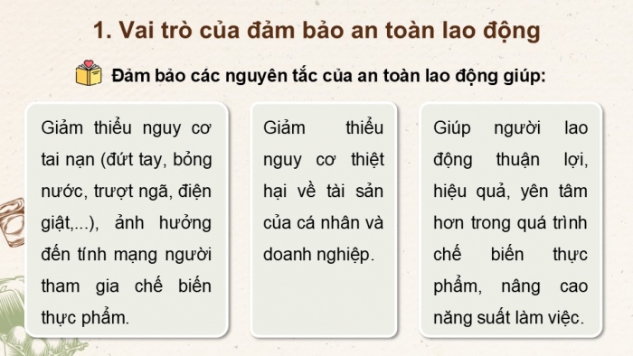 Giáo án điện tử Công nghệ 9 Chế biến thực phẩm Kết nối Bài 4: An toàn lao động và an toàn vệ sinh thực phẩm