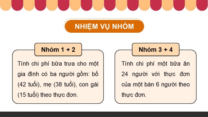 Giáo án điện tử Công nghệ 9 Chế biến thực phẩm Kết nối Bài 5: Dự án Tính toán chi phí bữa ăn theo thực đơn