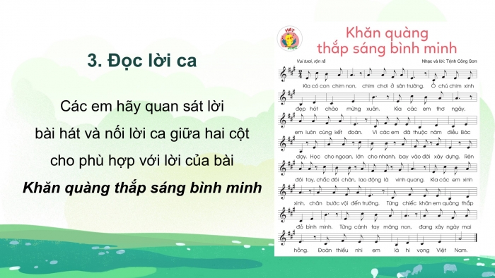 Giáo án điện tử Âm nhạc 5 cánh diều Tiết 9: Hát Khăn quàng thắp sáng bình minh