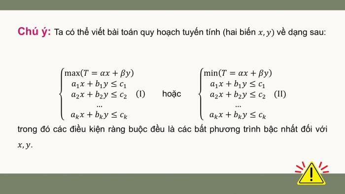 Giáo án điện tử chuyên đề Toán 12 cánh diều Bài 1: Vận dụng hệ bất phương trình bậc nhất để giải quyết một số bài toán quy hoạch tuyến tính