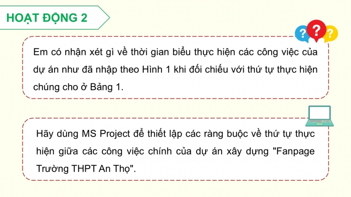 Giáo án điện tử chuyên đề Tin học ứng dụng 12 cánh diều Bài 2: Đặt tiến độ và phân bổ nguồn lực cho các công việc của dự án