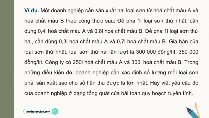 Giáo án điện tử chuyên đề Toán 12 cánh diều Bài 1: Vận dụng hệ bất phương trình bậc nhất để giải quyết một số bài toán quy hoạch tuyến tính