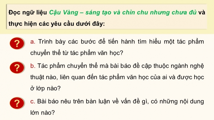 Giáo án điện tử chuyên đề Ngữ văn 12 cánh diều CĐ 2 Phần III: Thực hành nêu ý tưởng chuyển thể và tìm hiểu, giới thiệu, thuyết trình về một tác phẩm nghệ thuật chuyển thể