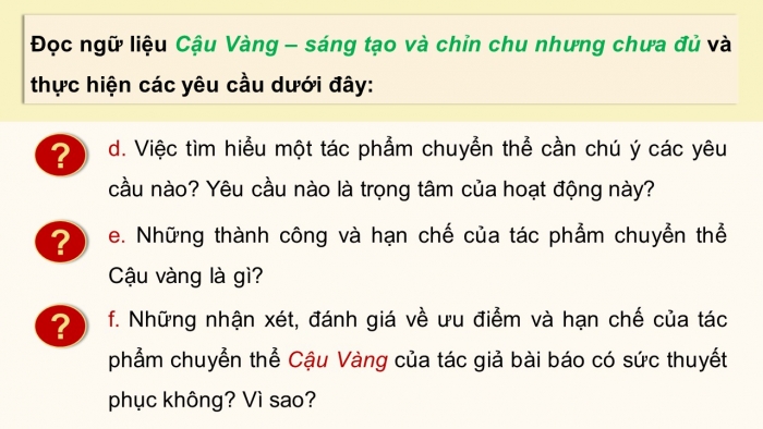 Giáo án điện tử chuyên đề Ngữ văn 12 cánh diều CĐ 2 Phần III: Thực hành nêu ý tưởng chuyển thể và tìm hiểu, giới thiệu, thuyết trình về một tác phẩm nghệ thuật chuyển thể